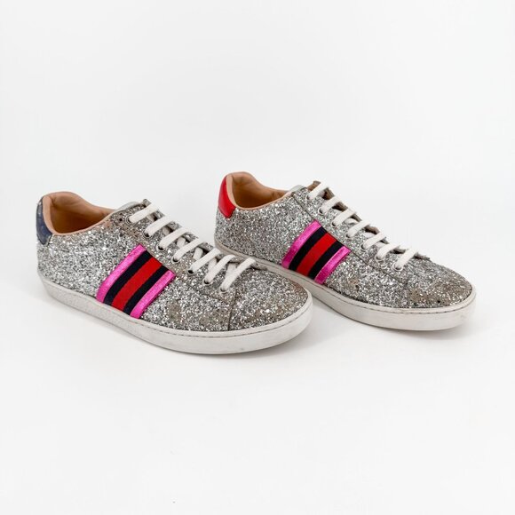 Gucci Ace Chunky Silver Glitter Low Top Sneakers Web Stripe Size 37 US 7 Women's